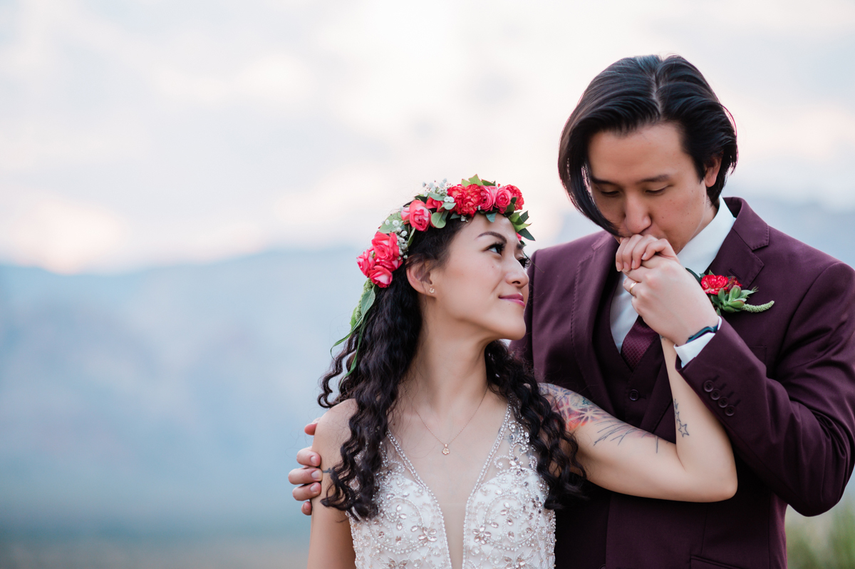 Bride and groom sharing a moment while eloping.