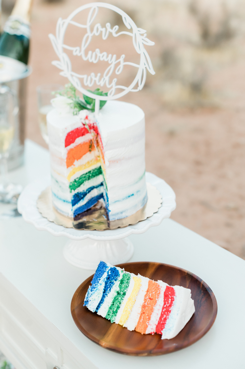 Rainbow layer wedding cake.