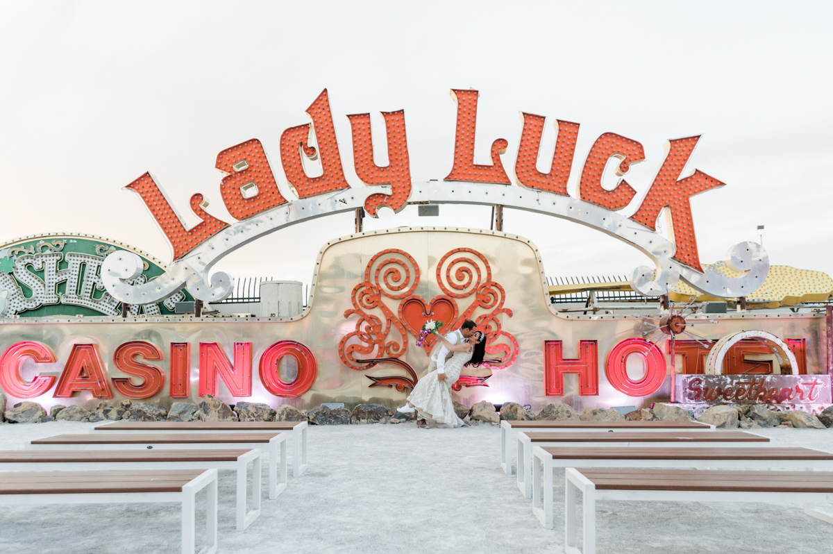 Newlyweds eloping at Neon Museum chapel in Las Vegas.