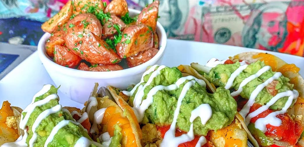 Vegan tacos and potatoes served at a restaurant. in Las Vegas.