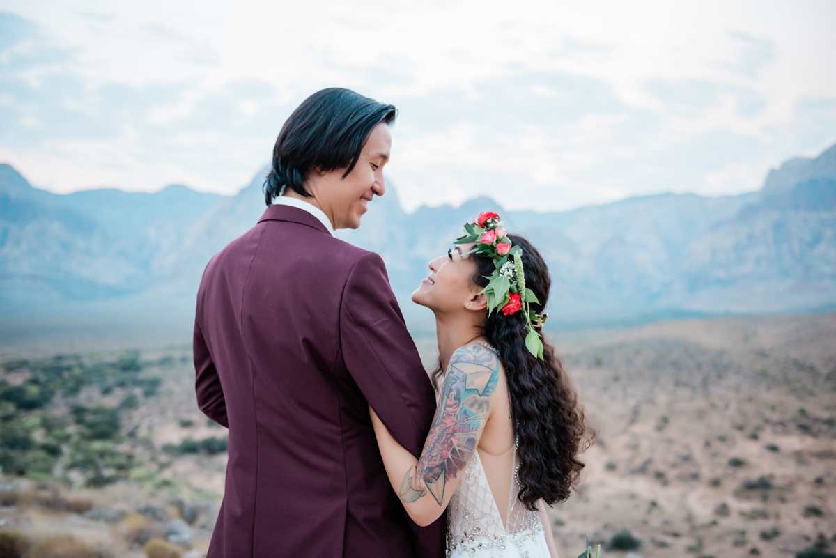 Bride and groom in the desert for a private wedding with no guests.
