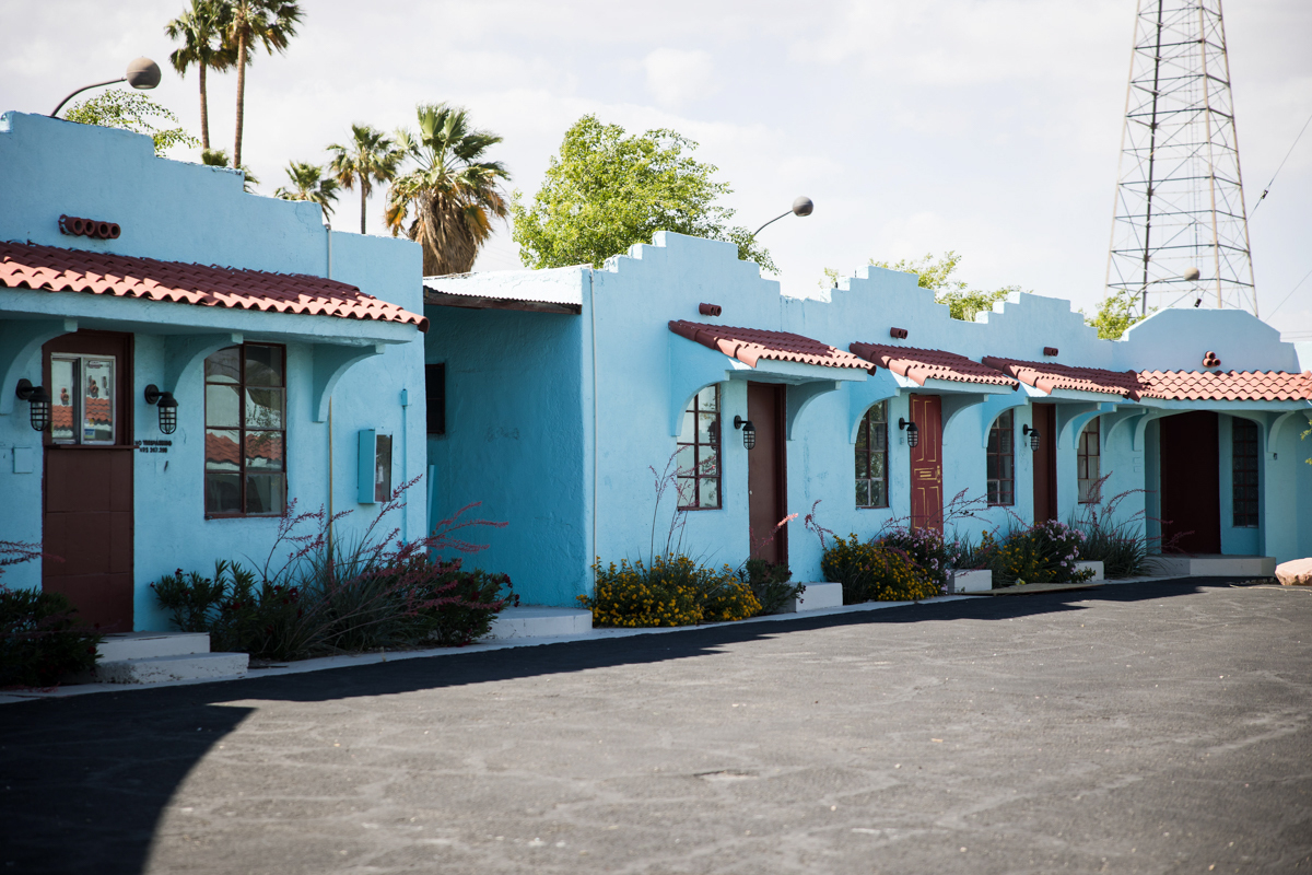 Motel in Las Vegas painted light blue.