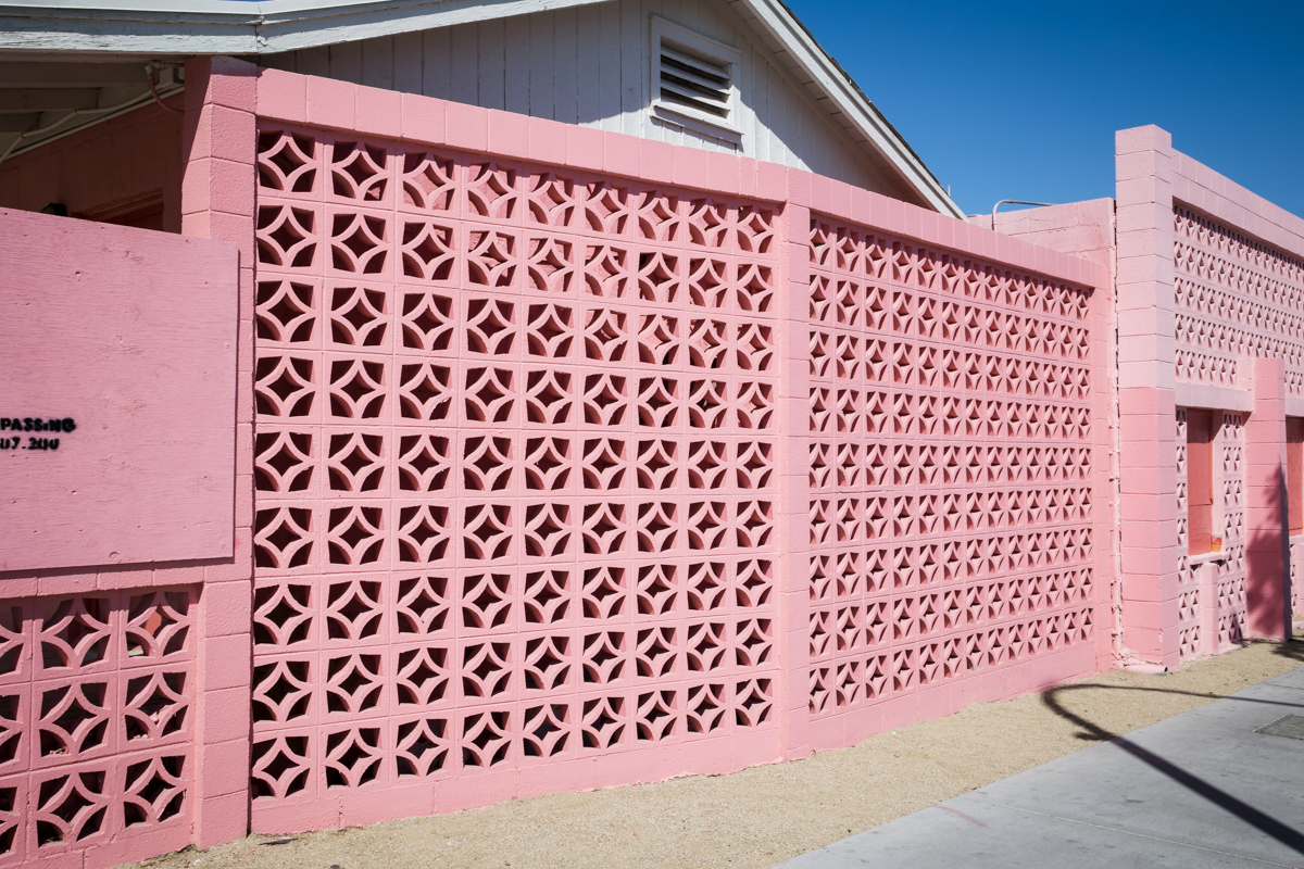 Pink paint on brick on a Las Vegas motel.