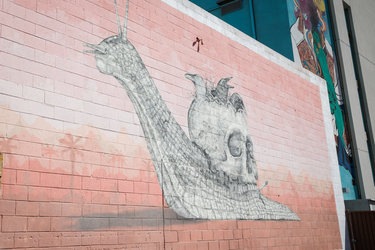 Colorful mural  of a snail on the side of a building in Las Vegas.