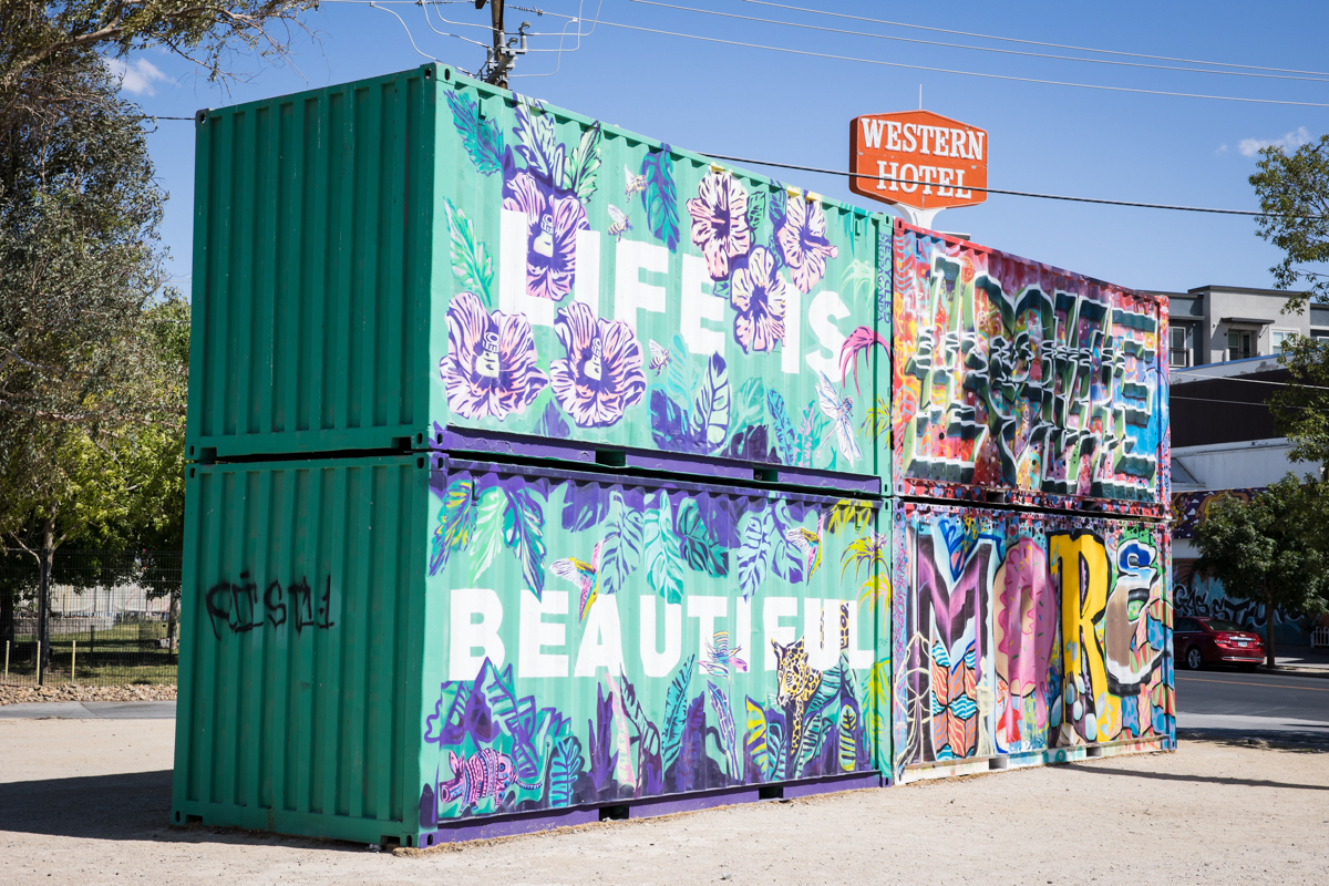 Colorful mural on shipping containers  in Las Vegas.