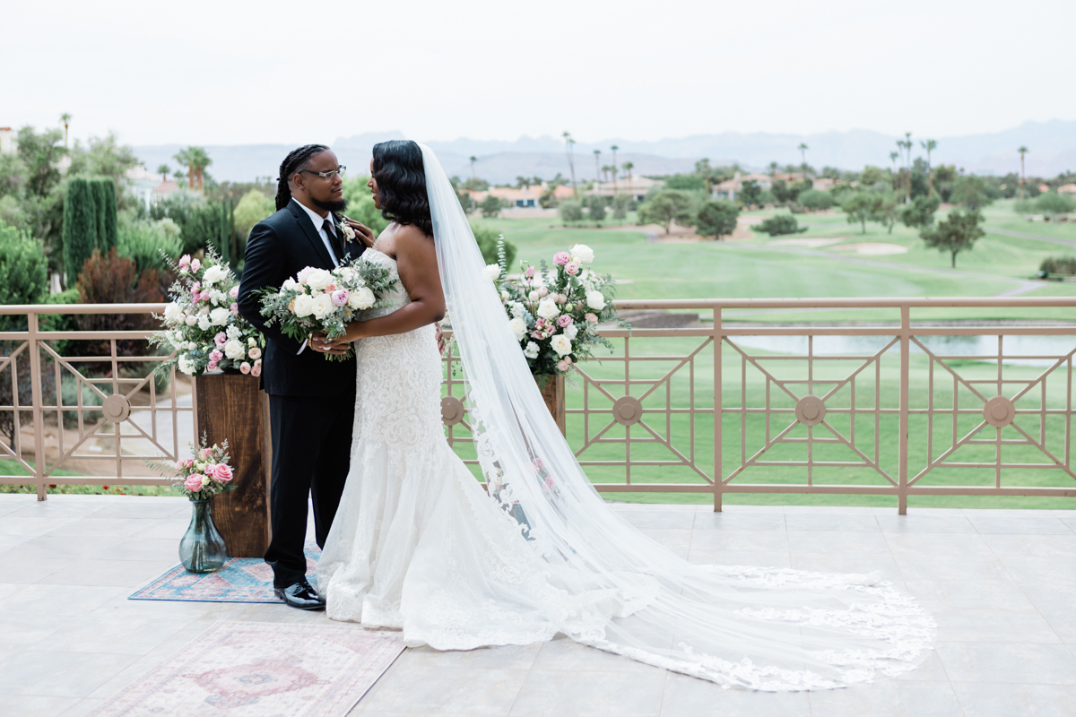 Bride and groom getting married at a country club.