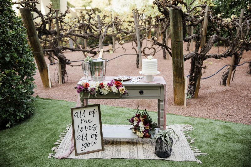 Rows of vines frame a wedding table set with champagne, cake and flowers in a vineyard.