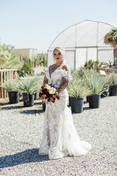 A full body portrait of a bride in front of a greenhouse with cacti on the ground just behind her. A full body portrait of a bride in front of a greenhouse with cacti on the ground just behind her.