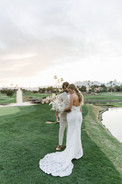 View of back of bride's dress.