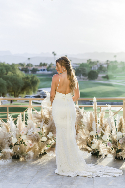 Bride faced backward to view back of dress.