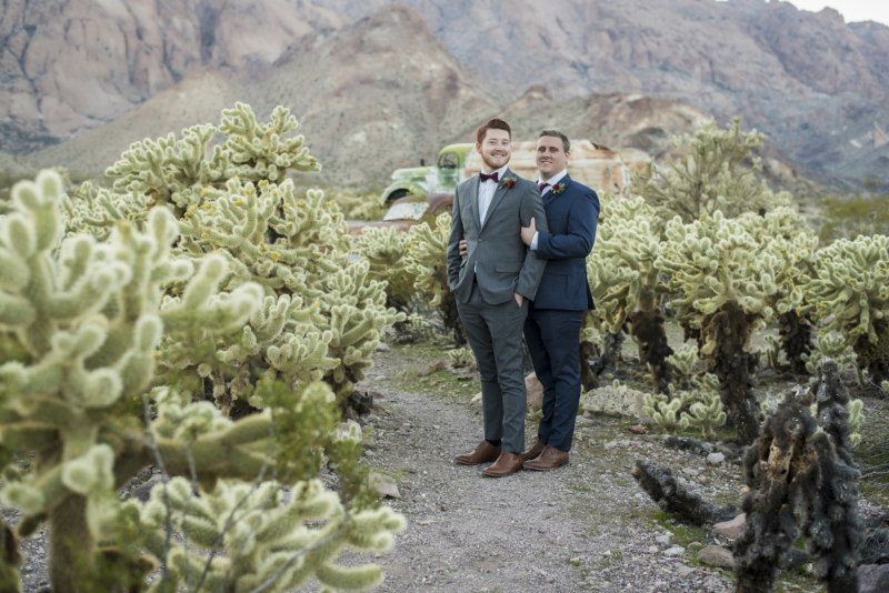 Two grooms in suits pose for wedding photos standing in a field of cholla cactus outside Las Vegas in the Eldorado Canyon.