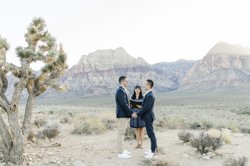 Male couple in front officiant with desert backgound.
