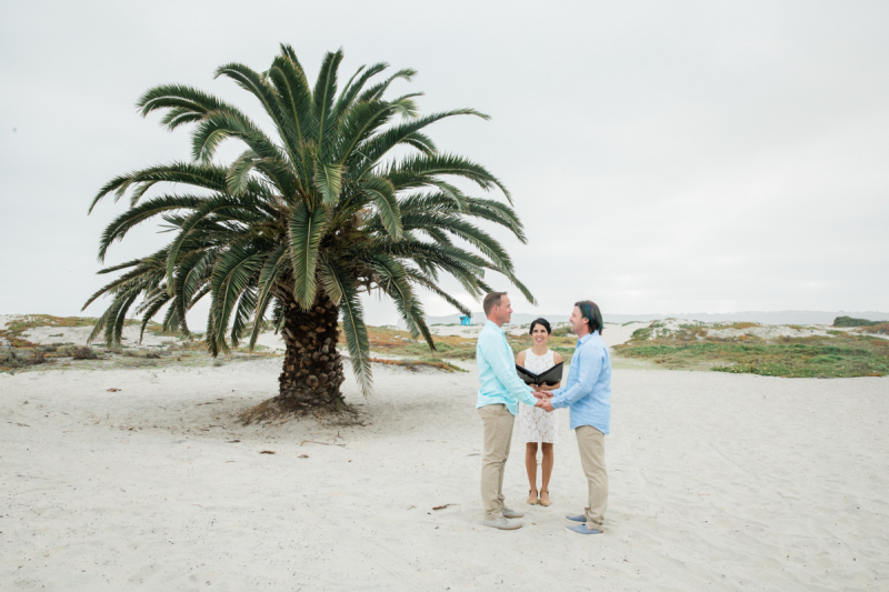 Two grooms standing on a beach with officiant.