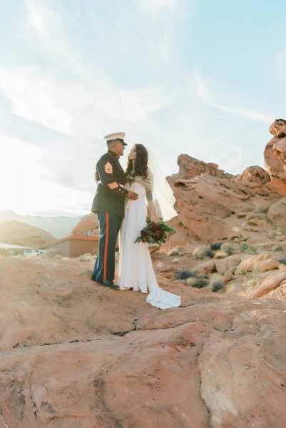 Bride and groom at sunset.