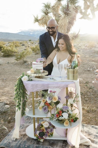 A bride and groom work together to cut their wedding cake. Their outdoor desert wedding is taking place amongst Joshua trees and Creosote bushes in the late afternoon sun. The cake sits on a mini reception table beautifully decorated with flowers and a flowing white linen.