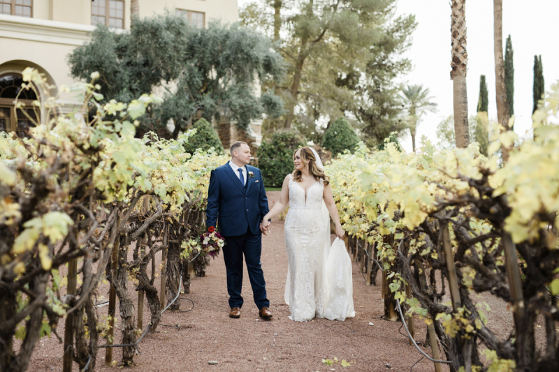 A groom and bride hold hands and gaze at each other as they pose for wedding photos in a vineyard.