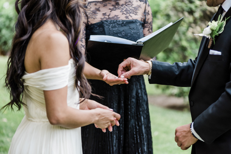 Couple exchanging wedding rings.