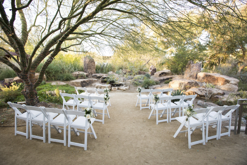 White wooden folding chairs are arranged in a rocky desert garden. A tree provides shade and is wrapped with string lights. 