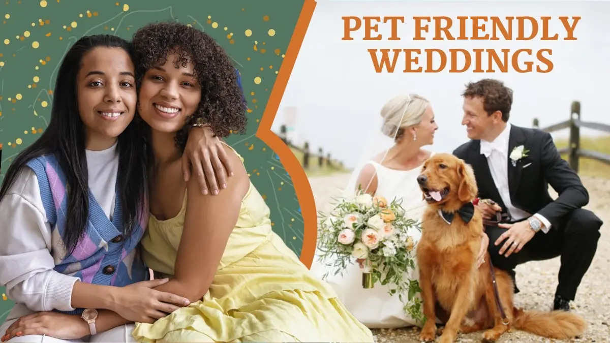 Image of two women, Lyric & Heba, the owners of FairyTail Pet Care Las Vegas, embracing on the left. Image of a bride and groom looking at each other while their golden retriever in a bow tie sits in front of them. The words Pet Friendly Weddings appears in the top right.