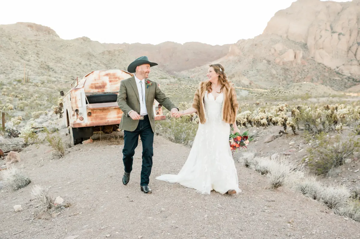 a groom and bride at eldorado canyon in las vegas.