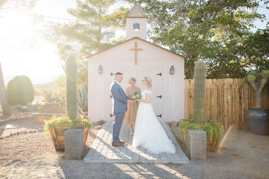 Bride and groom getting married at Cactus Joe's outdoor chapel in Las Vegas.