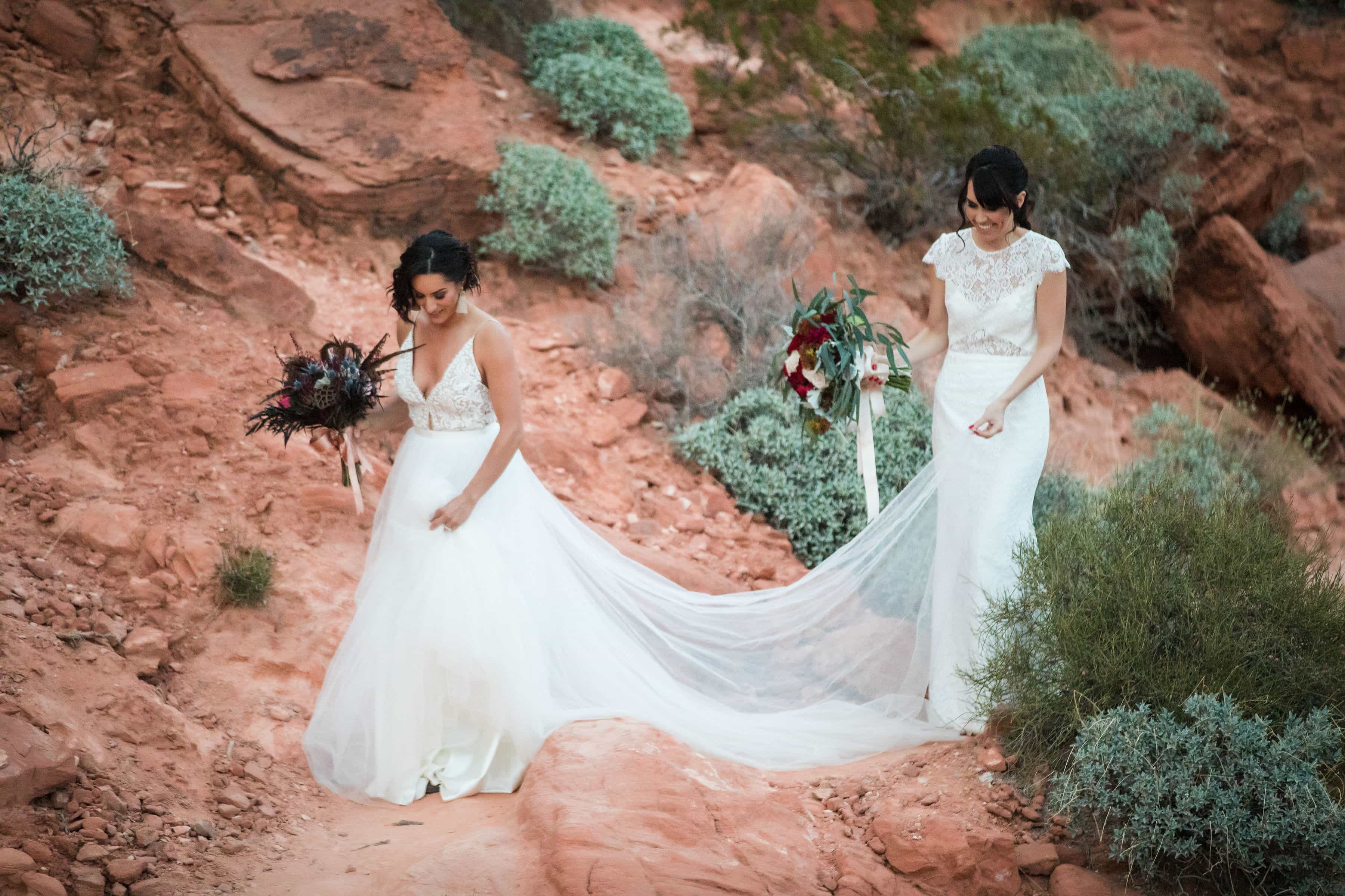 Two brides walking through the Valley of Fire State Park landscape.
