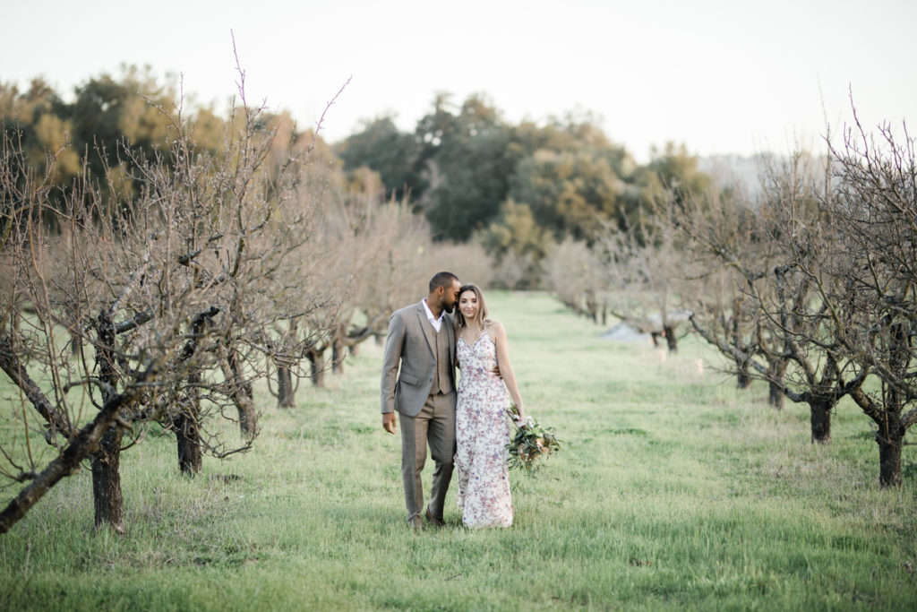 Newlywed couple walking in vineyard.