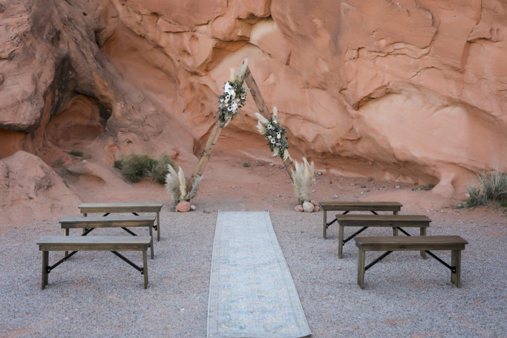 Ceremony site with wooden benches