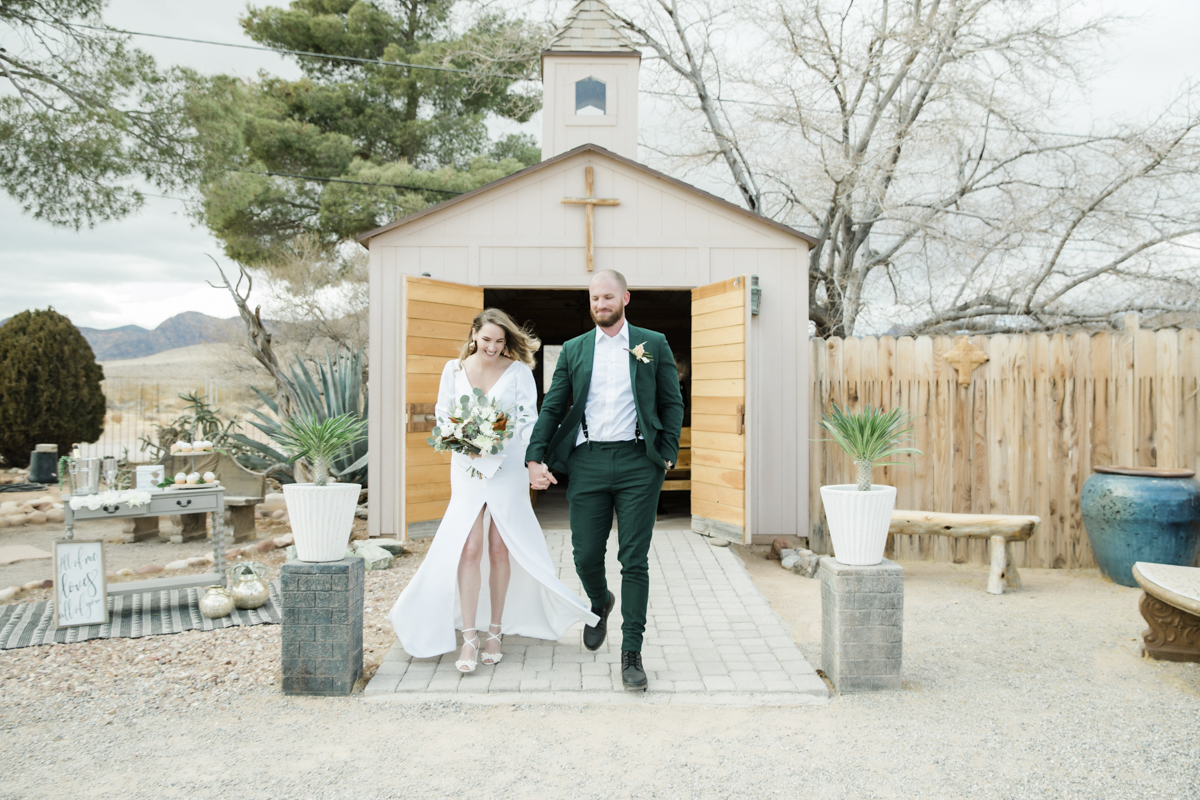 The post "I do" walk out of the Cactus Joe's chapel.