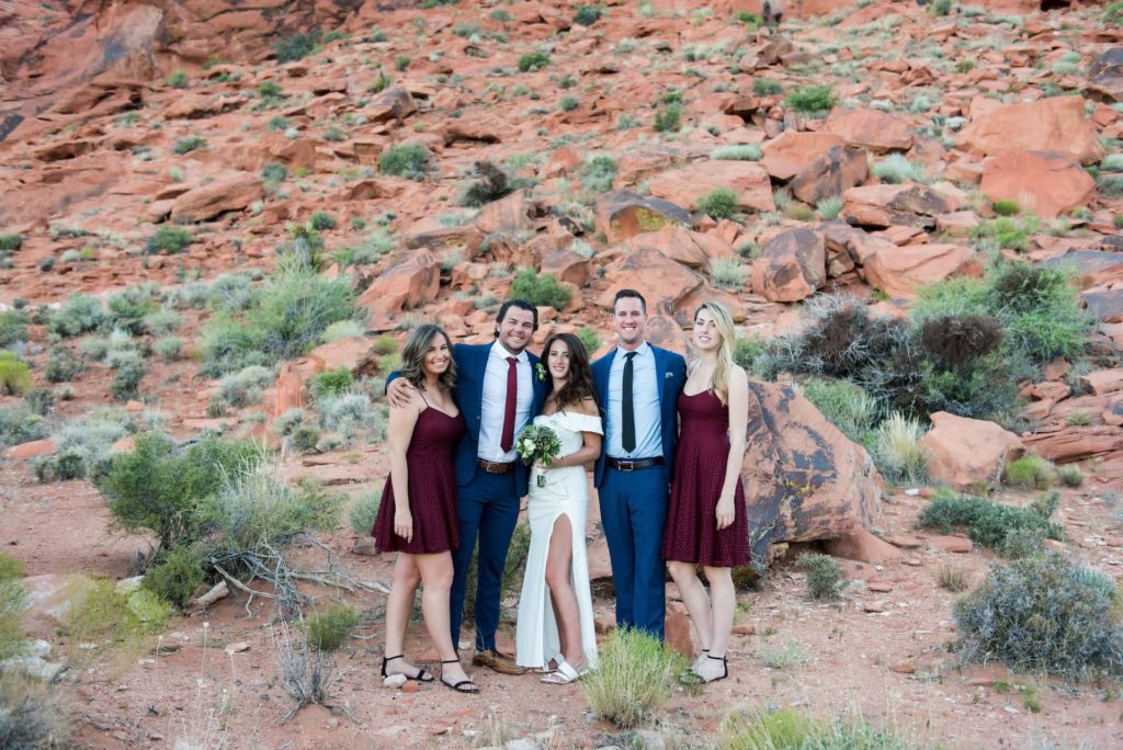 Family photo at wedding against mountain landscape