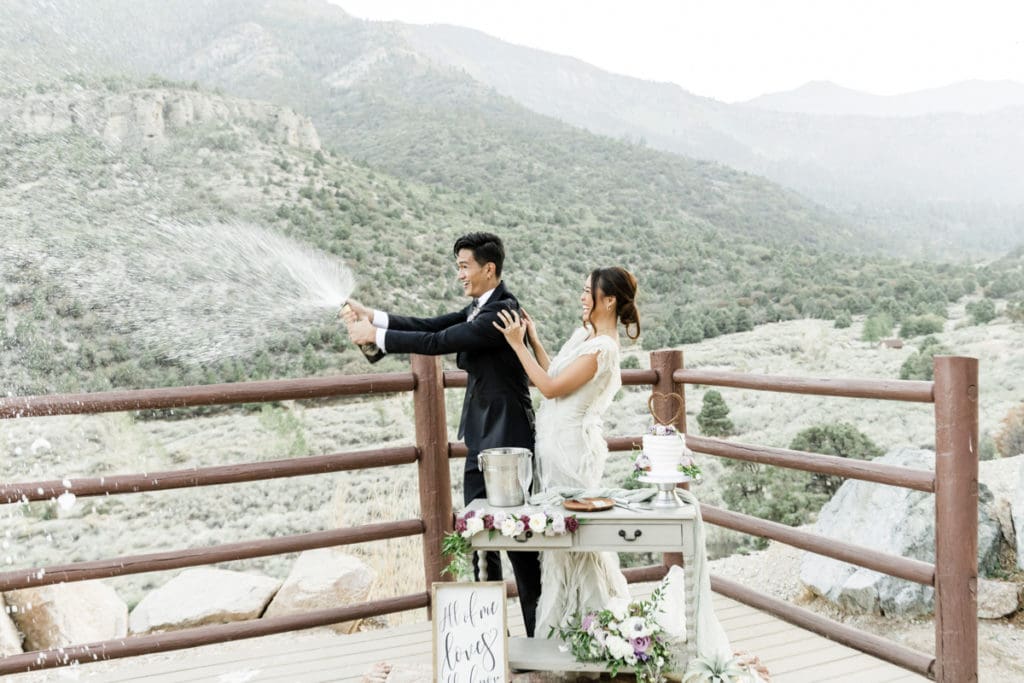 Newlyweds celebrating at Mt Charleston peak in Las Vegas.