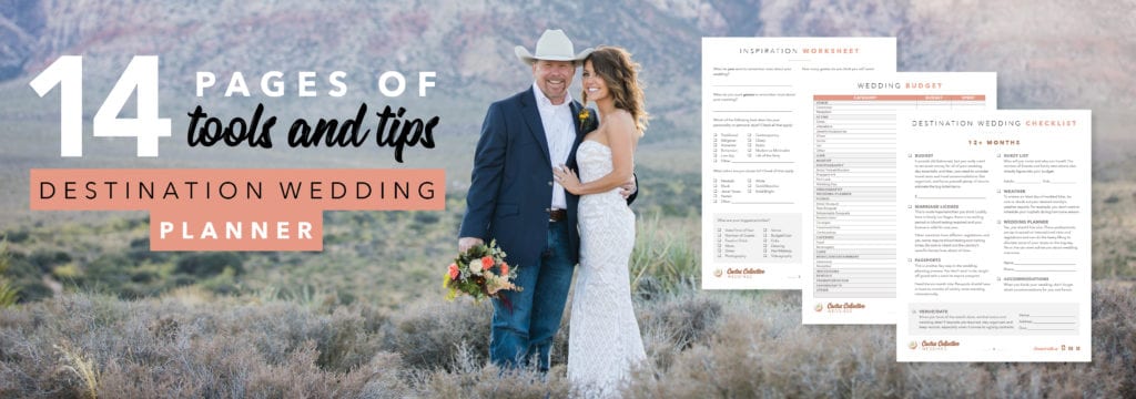 Graphic and photo of bride and groom and a destination wedding planner document.