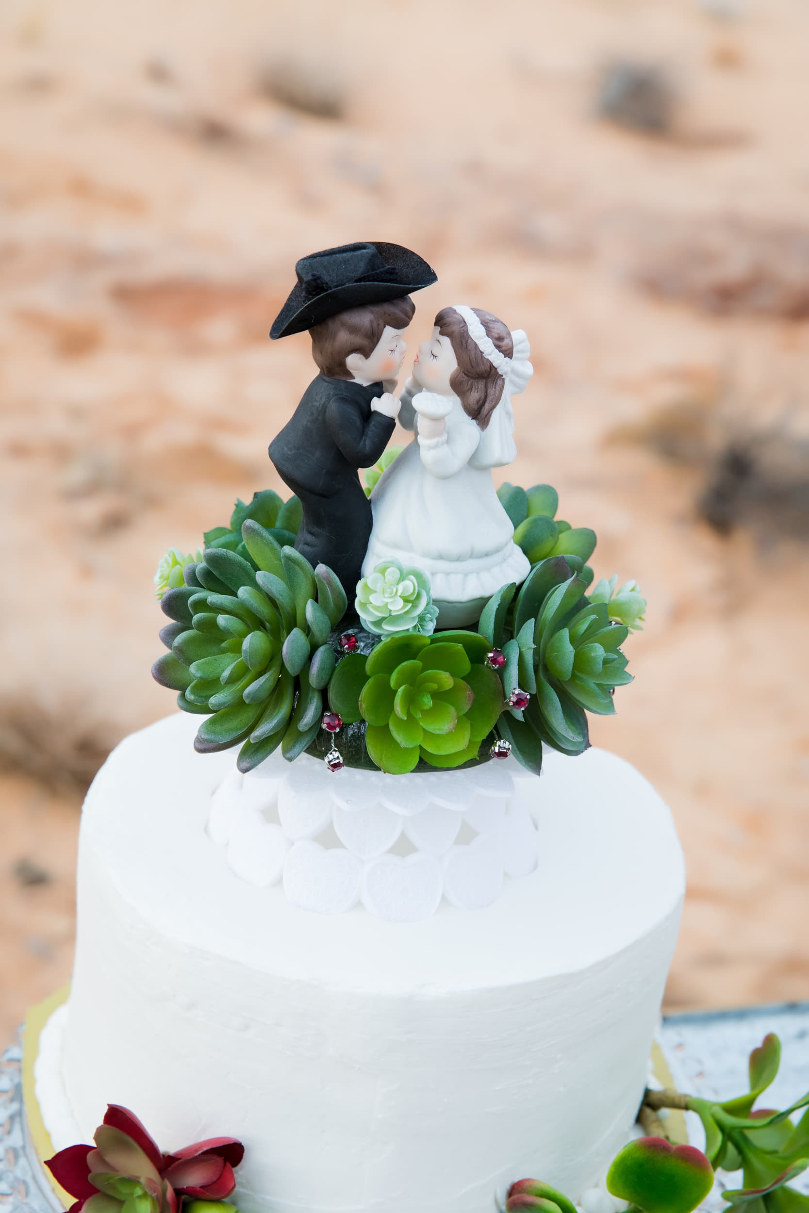 Western themed wedding cake topper with a bride and groom about to kiss.