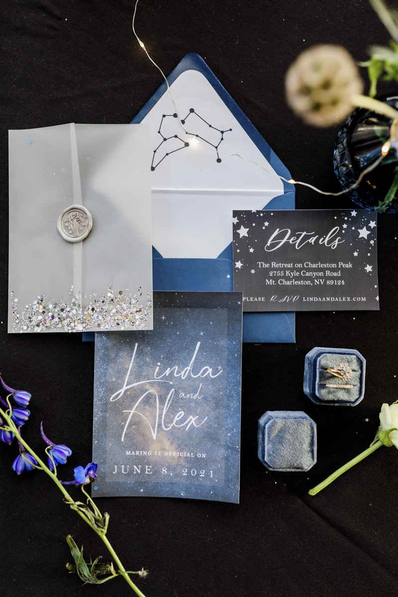 Flat lay of elopement announcement cards