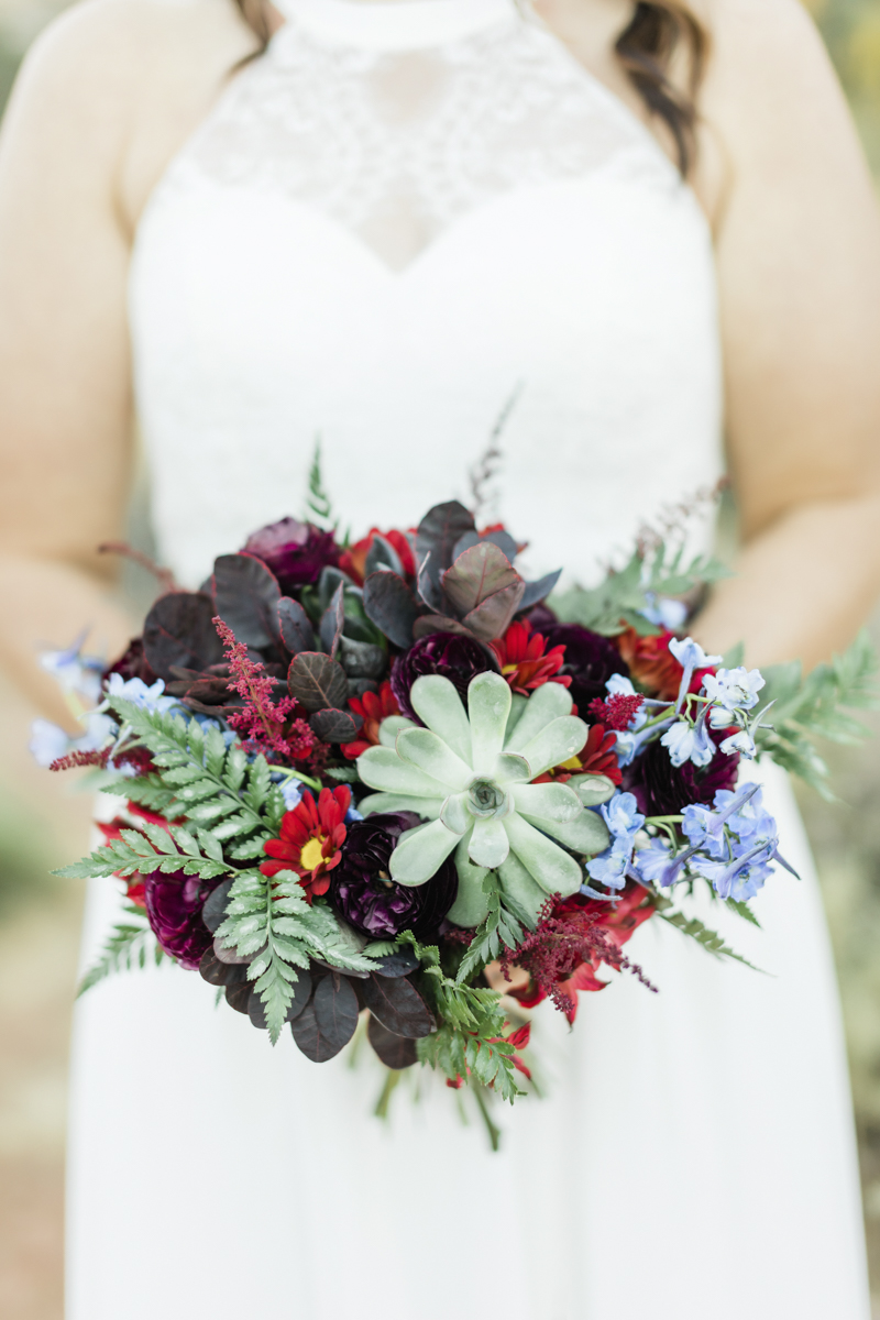 Vibrant red and green wedding bouquet.