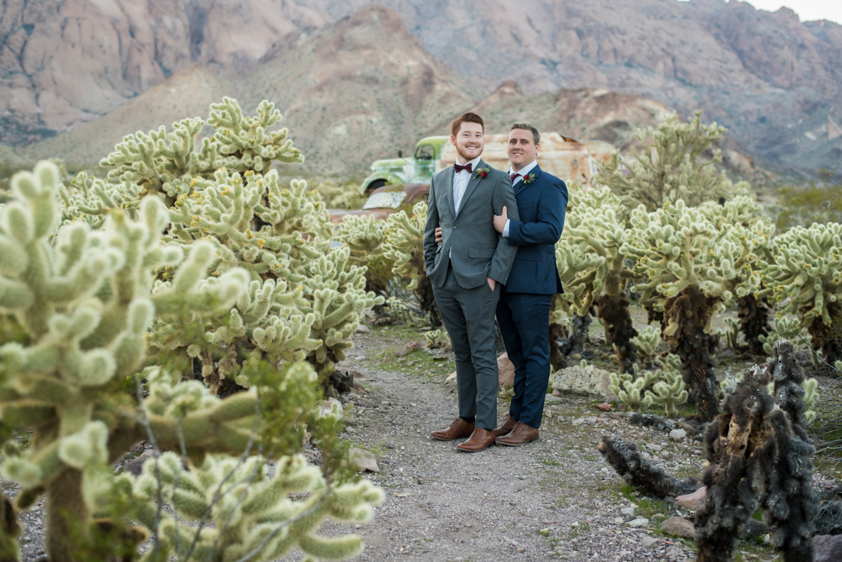 two grooms surrounded by greenery in desert