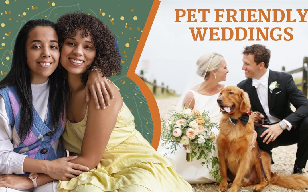 Image of two women, Lyric & Heba, the owners of FairyTail Pet Care Las Vegas, embracing on the left. Image of a bride and groom looking at each other while their golden retriever in a bow tie sits in front of them. The words Pet Friendly Weddings appears in the top right.