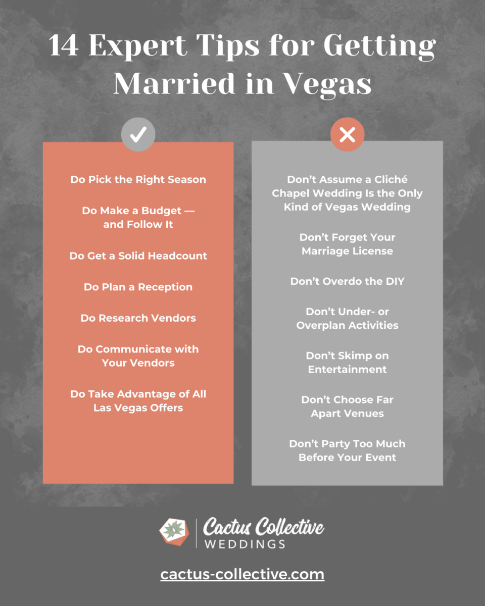 14 Expert Tips for Getting Married in Vegas is written across the top, followed by a list of 7 Dos and 7 Don'ts as explored in the blog. The Cactus Collective Weddings logo and cactus-collective.com appear at the bottom.